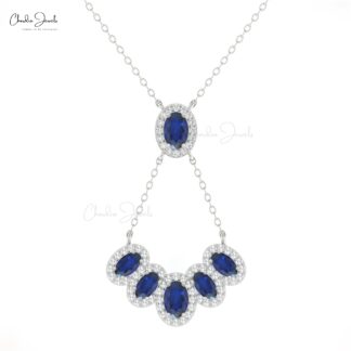 Oval Blue Sapphire Y Necklace With Multi Halo Diamond Pave In 14k Pure Gold Fine Jewelry