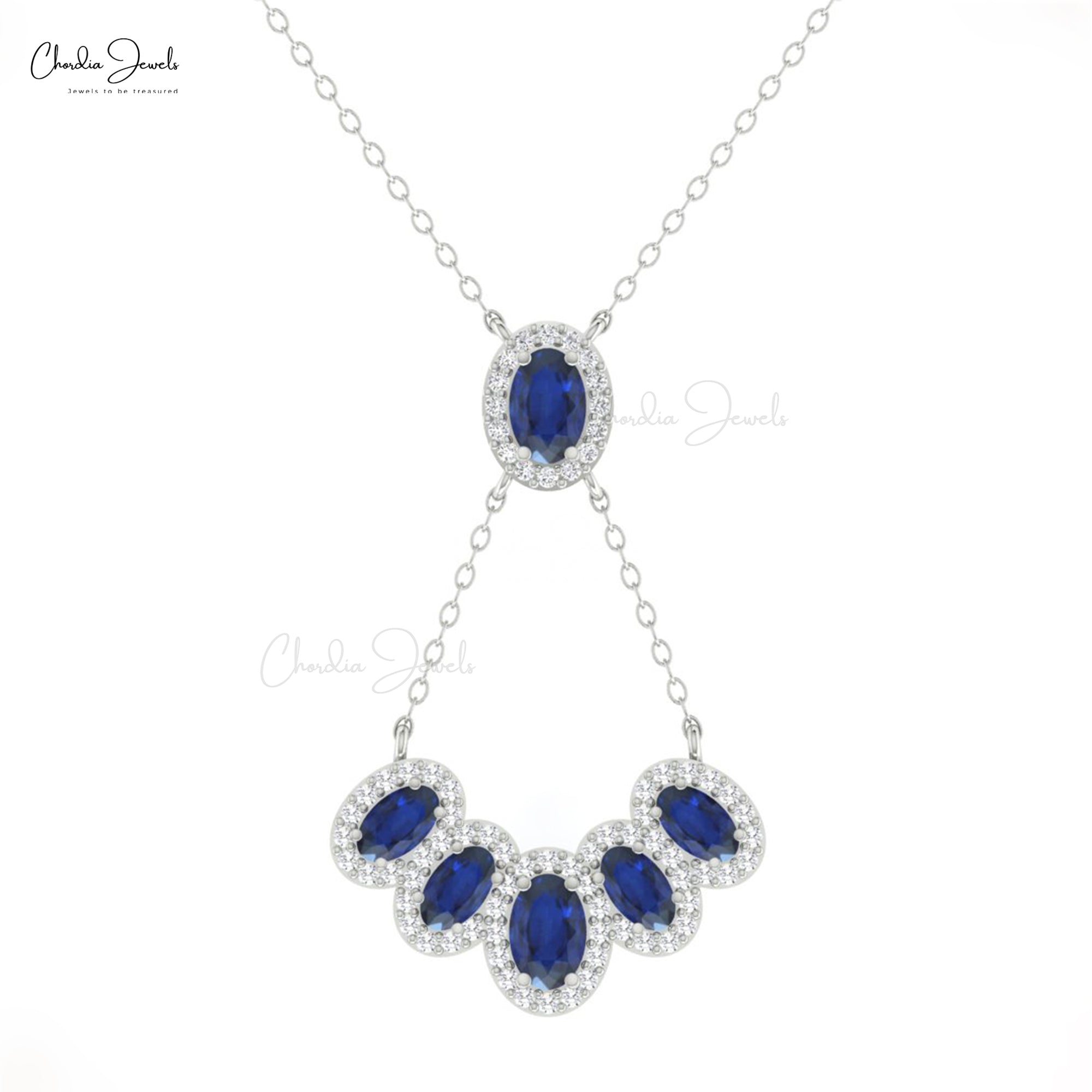 Oval Blue Sapphire Y Necklace With Multi Halo Diamond Pave In 14k Pure Gold Fine Jewelry