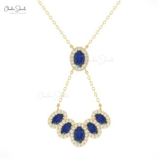 Oval Blue Sapphire Y Necklace With Multi Halo Diamond Pave In 14k Pure Gold Fine Jewelry