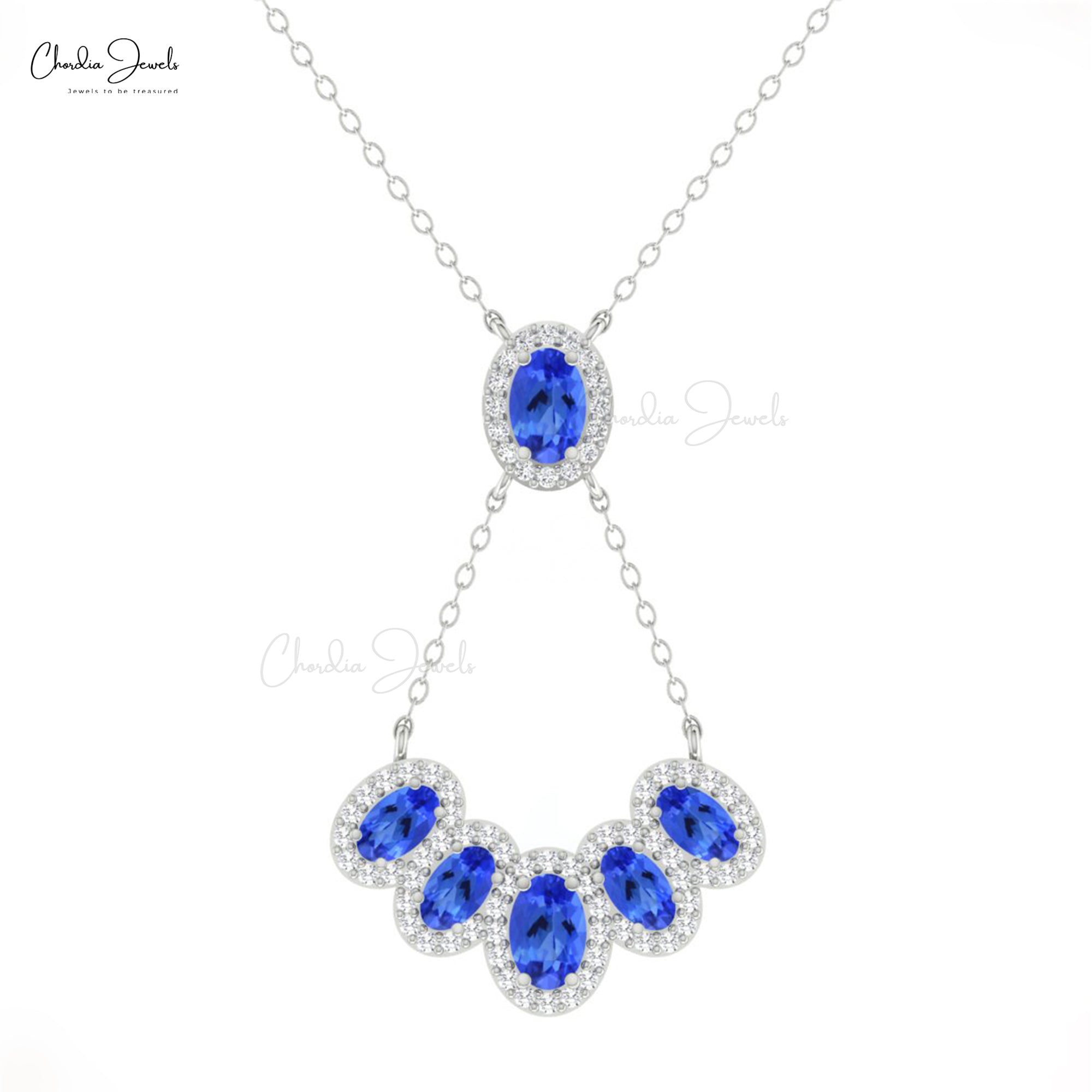 Genuine Tanzanite Cluster Y Necklace In Solid 14k Gold Halo Diamond Hallmarked Jewelry
