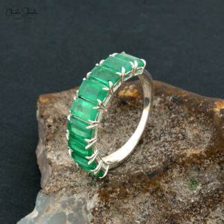 Half Eternity Wedding Band In 14k Real White Gold Zambian Emerald Gemstone Rings