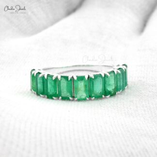 Half Eternity Wedding Band In 14k Real White Gold Zambian Emerald Gemstone Rings