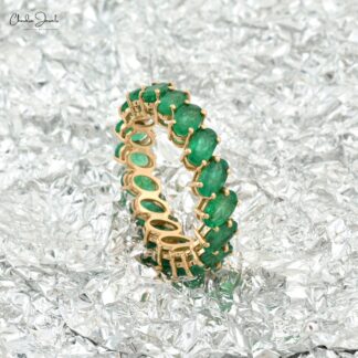 Oval Cut Eternity Band With 5x3mm Emerald May Birthstone 14k Real Yellow Gold Ring