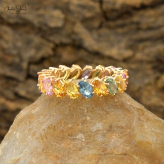 Full Eternity Rainbow Stone Band In 14k Yellow Gold Multi Sapphire 6 Ct Gemstone Stack Ring