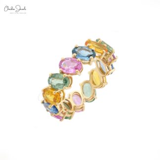 Oval Rainbow Wedding Band In 14k Yellow Gold Multi Sapphire 7.5 Ct Gemstone Ring For Her