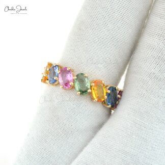 Oval Rainbow Wedding Band In 14k Yellow Gold Multi Sapphire 7.5 Ct Gemstone Ring For Her