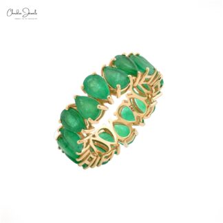 Natural Emerald Full Eternity Ring In 14k Yellow Gold Pear Cut Hallmarked Fine Jewelry