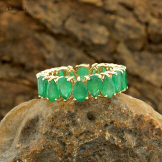 Natural Emerald Full Eternity Ring In 14k Yellow Gold Pear Cut Hallmarked Fine Jewelry