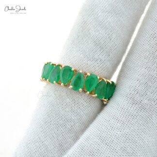 Natural Emerald Full Eternity Ring In 14k Yellow Gold Pear Cut Hallmarked Fine Jewelry