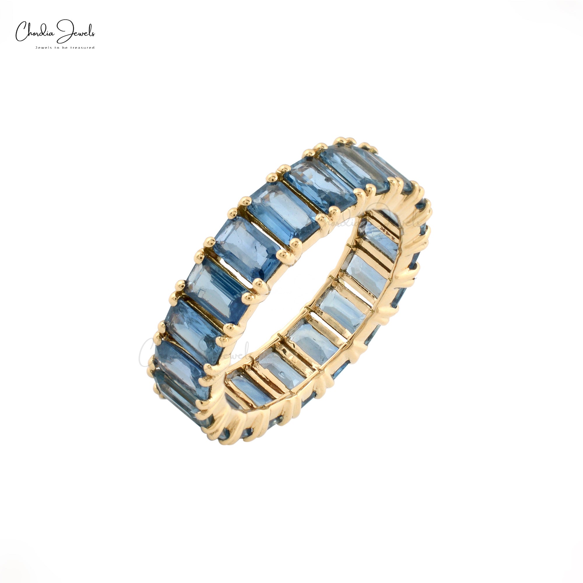 Octagon Stack Band With 5.2 Ct Blue Sapphire 14k Pure Yellow Gold Eternity Women Ring