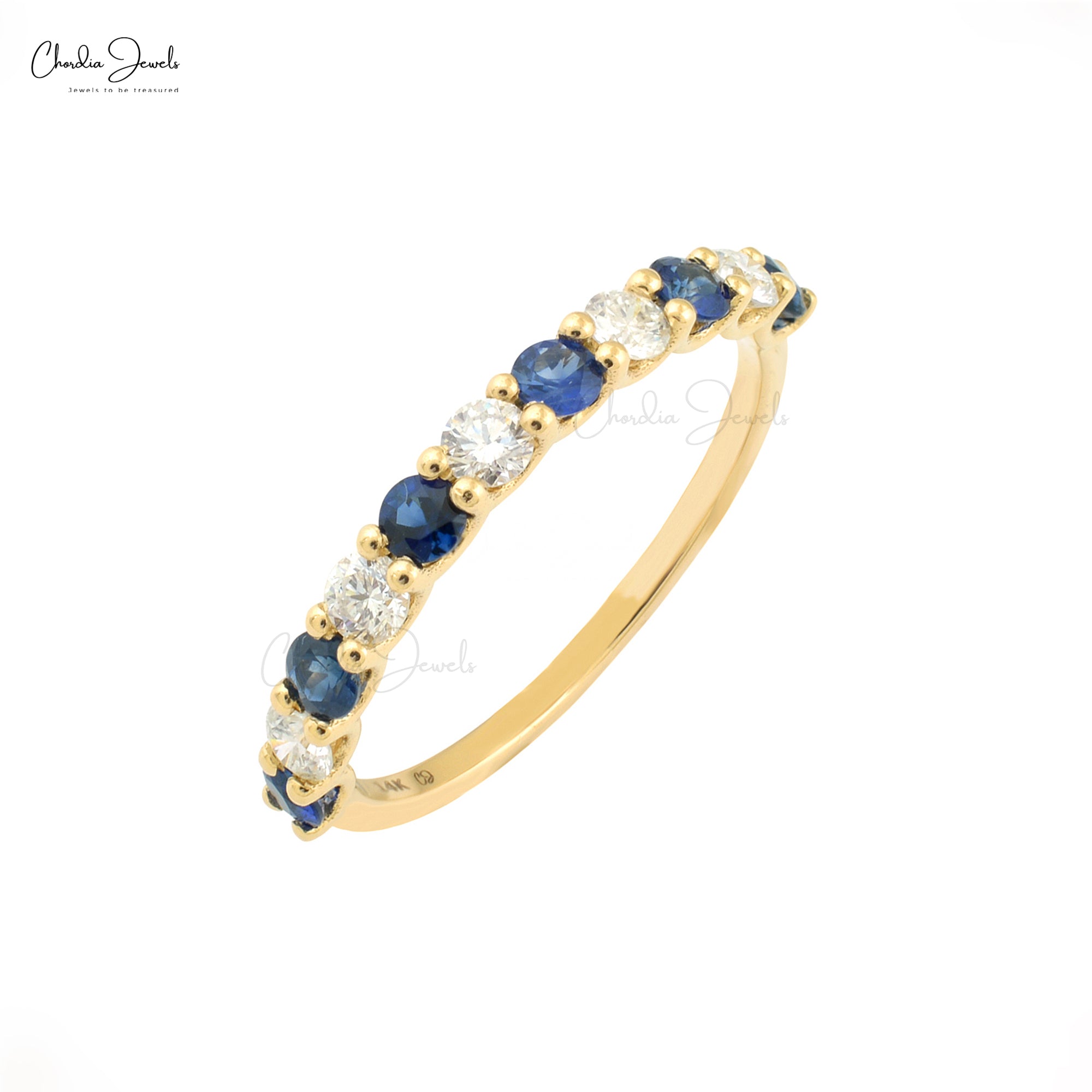 Half Eternity Wedding Ring With 2.5mm Blue Sapphire And Diamond Band In 14k Yellow Gold