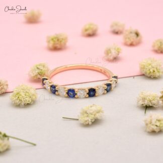 Half Eternity Wedding Ring With 2.5mm Blue Sapphire And Diamond Band In 14k Yellow Gold