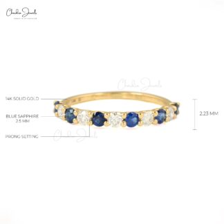 Half Eternity Wedding Ring With 2.5mm Blue Sapphire And Diamond Band In 14k Yellow Gold