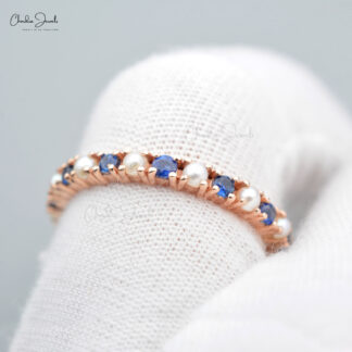 Eternity Stacking Band With 2mm Blue Sapphire And Pearl Pave Set In 14k Rose Gold Ring
