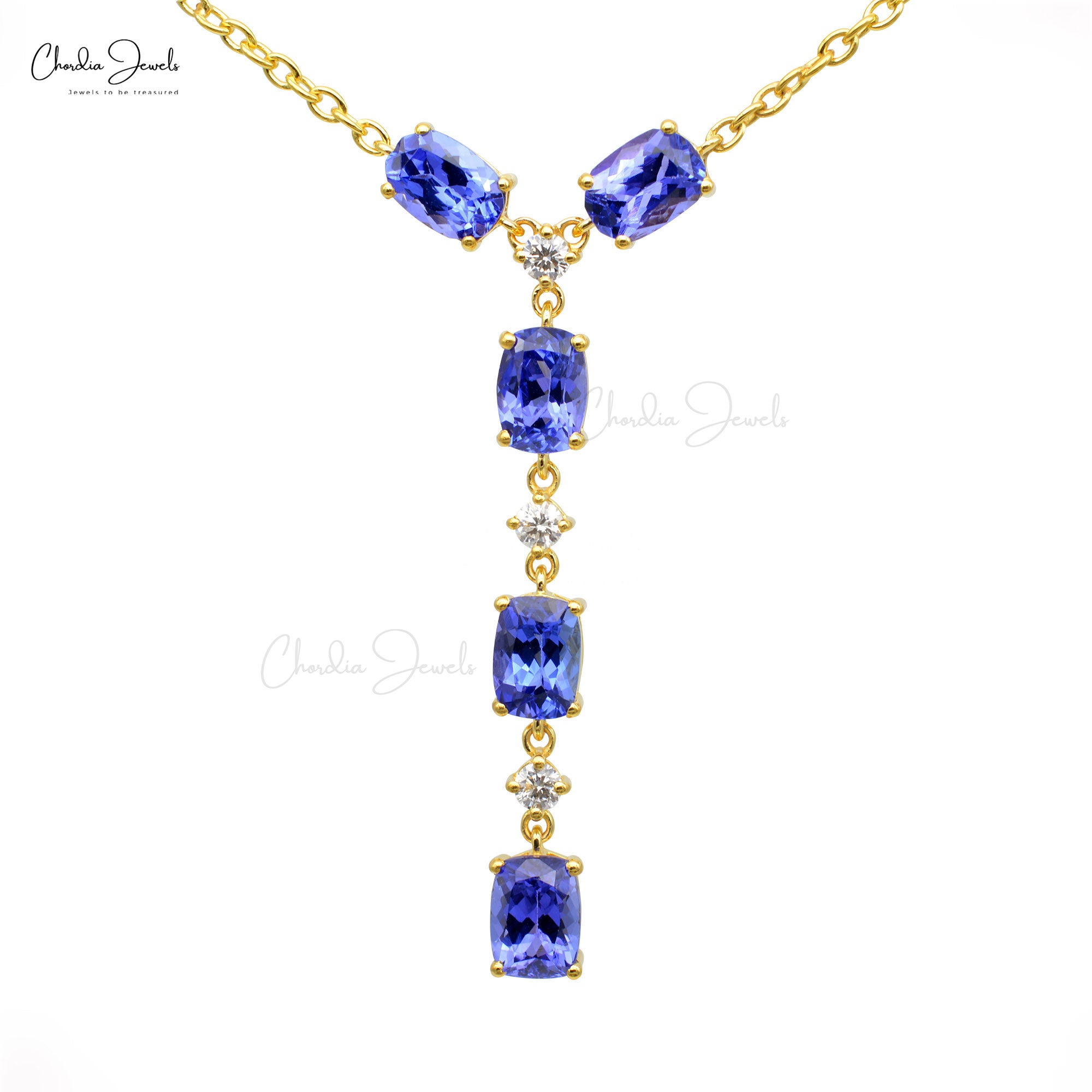 Lariat Y Chain Necklace In 14k Yellow Gold Tanzanite Diamond Light Weight Dangle Necklaces