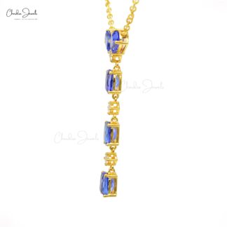Lariat Y Chain Necklace In 14k Yellow Gold Tanzanite Diamond Light Weight Dangle Necklaces