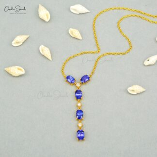 Lariat Y Chain Necklace In 14k Yellow Gold Tanzanite Diamond Light Weight Dangle Necklaces