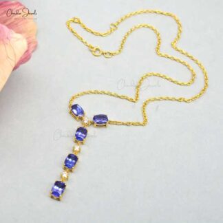 Lariat Y Chain Necklace In 14k Yellow Gold Tanzanite Diamond Light Weight Dangle Necklaces