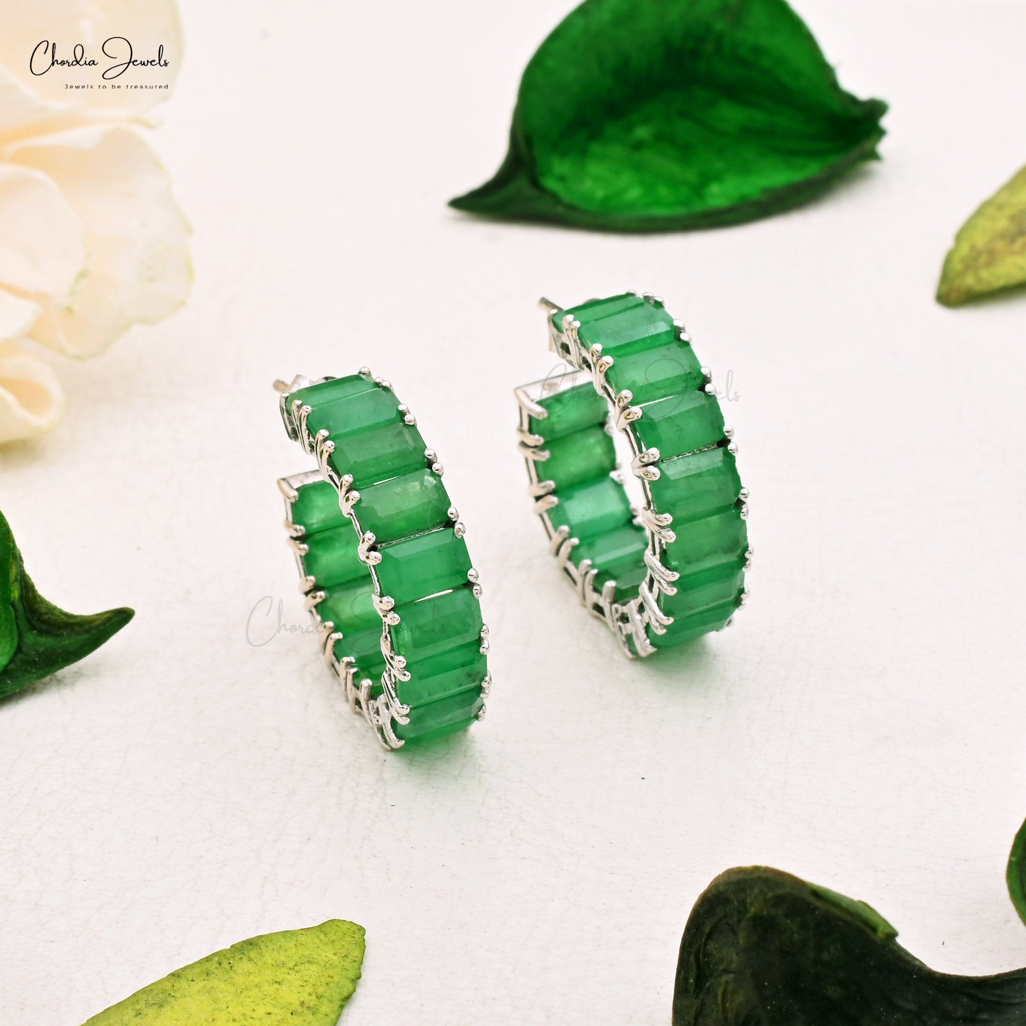 Octagon Emerald Hoops In 14k Solid White Gold Gemstone Push Back Women Earrings