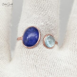 Open Cuff 2 Stone Ring With 10x8mm Tanzanite And Aquamarine 14k Rose Gold Bezel Set Rings