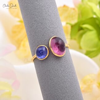 Oval Pink Tourmaline Adjustable Ring In 14k Yellow Gold Tanzanite Open Cuff 2 Stone Ring