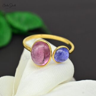 Oval Pink Tourmaline Adjustable Ring In 14k Yellow Gold Tanzanite Open Cuff 2 Stone Ring