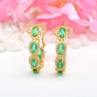 Gemstone Halo Hoops In 14k Real Yellow Gold Emerald G-H Diamond Latch Back Earrings
