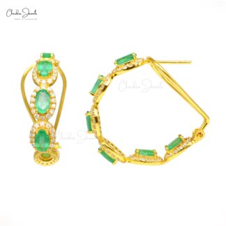 Halo Diamond Verified Hoop With 5x3mm Emerald Gemstone Women Earrings In 14k Yellow Gold