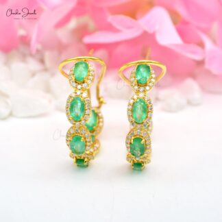 Halo Diamond Verified Hoop With 5x3mm Emerald Gemstone Women Earrings In 14k Yellow Gold