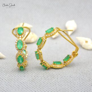 Halo Diamond Verified Hoop With 5x3mm Emerald Gemstone Women Earrings In 14k Yellow Gold