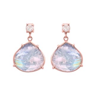 Natural Rainbow Moonstone & Diamond Dangle Earrings in 14k Rose Gold