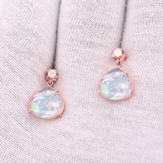 Natural Rainbow Moonstone & Diamond Dangle Earrings in 14k Rose Gold