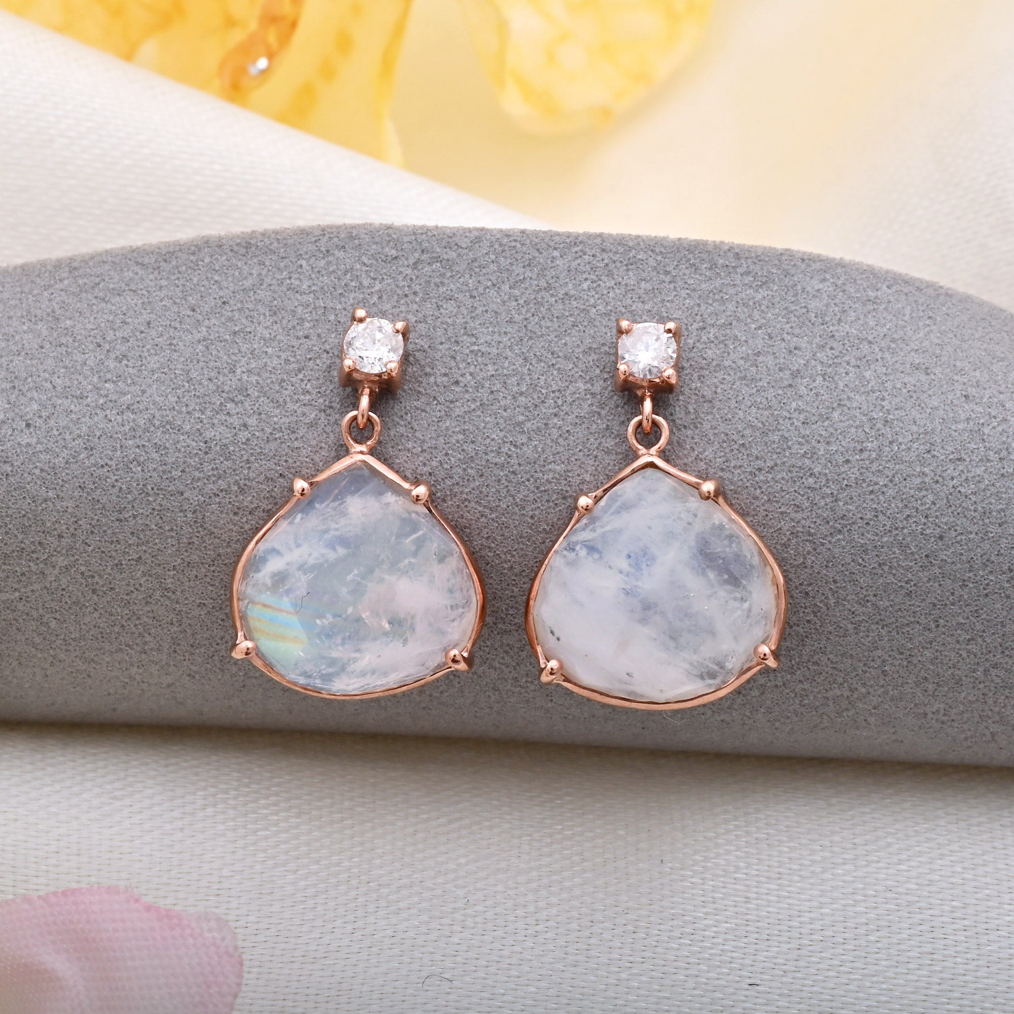 Natural Rainbow Moonstone & Diamond Dangle Earrings in 14k Rose Gold