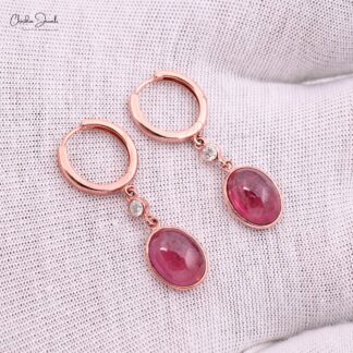 Genuine Pink Tourmaline & Diamond Accents in 14k Real Rose Gold Dangle Earrings