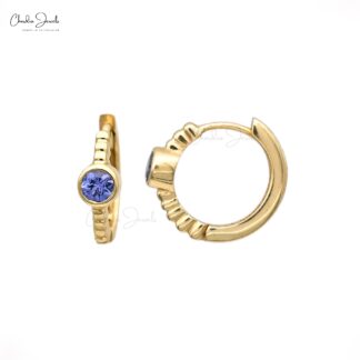 0.28Ct Blue Tanzanite Bezel Set Huggie Hoops with 14k Solid Yellow Gold Earrings
