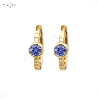 0.28Ct Blue Tanzanite Bezel Set Huggie Hoops with 14k Solid Yellow Gold Earrings