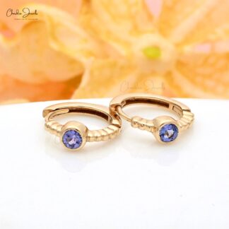 0.28Ct Blue Tanzanite Bezel Set Huggie Hoops with 14k Solid Yellow Gold Earrings