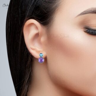 AAA Amethyst & Swiss Blue Topaz Briolette 2 Stone Stud Earrings In 925 Sterling Silver