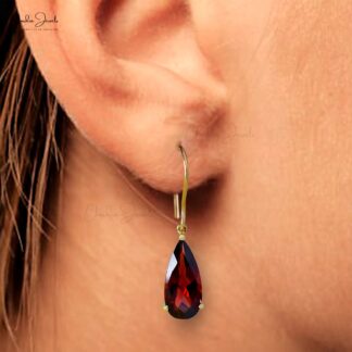 Tear Drop Solitaire Earring With 14x7mm Garnet Gemstone Hook Earrings In 14k Yellow Gold