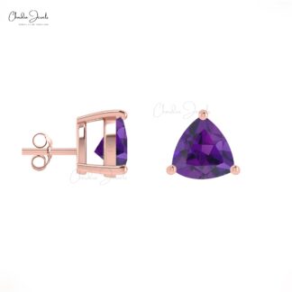 Natural Purple Amethyst 0.44 Ct Gemstone Studs, 14k Real Gold Stud Earrings With Push Back, 4mm Trillion Cut February Birthstone Fine Jewelry For Her