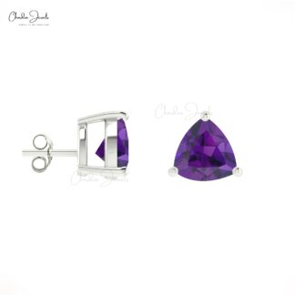 Natural Purple Amethyst 0.44 Ct Gemstone Studs, 14k Real Gold Stud Earrings With Push Back, 4mm Trillion Cut February Birthstone Fine Jewelry For Her