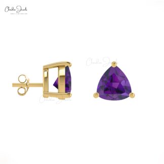 Natural Purple Amethyst 0.44 Ct Gemstone Studs, 14k Real Gold Stud Earrings With Push Back, 4mm Trillion Cut February Birthstone Fine Jewelry For Her