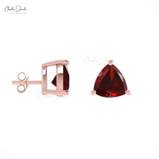 Natural Garnet 4mm Trillion Gemstone Stud Earrings 14k Solid Gold
