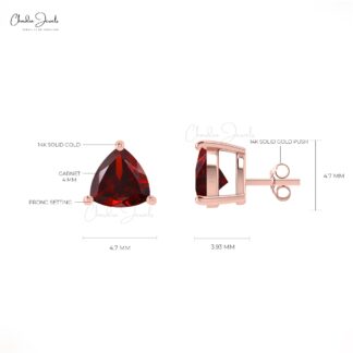 Natural Garnet 4mm Trillion Gemstone Stud Earrings 14k Solid Gold