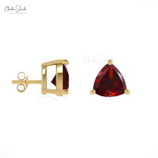 Natural Garnet 4mm Trillion Gemstone Stud Earrings 14k Solid Gold