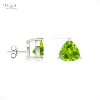 Natural Peridot Solitaire Earrings 14k Real Gold Vintage Earrings For Daughter Trillion Cut Gemstone Studs August Birthstone For Gift