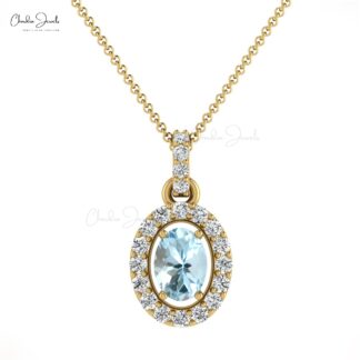 Halo Unique Pendant In 14k Solid Gold Aquamarine 0.75 Ct Gemstone Diamond Necklace