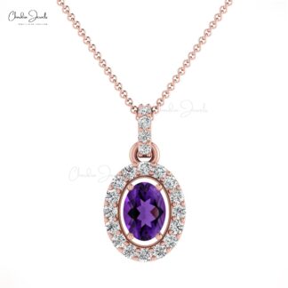 Natural Amethyst Halo Pendant In 14k Solid Gold Small Diamond Necklace For Mom