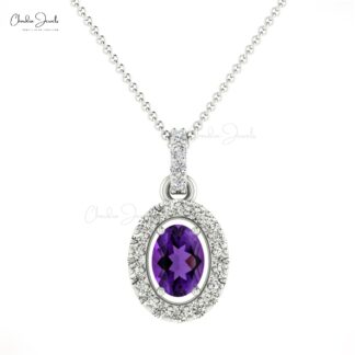 Natural Amethyst Halo Pendant In 14k Solid Gold Small Diamond Necklace For Mom