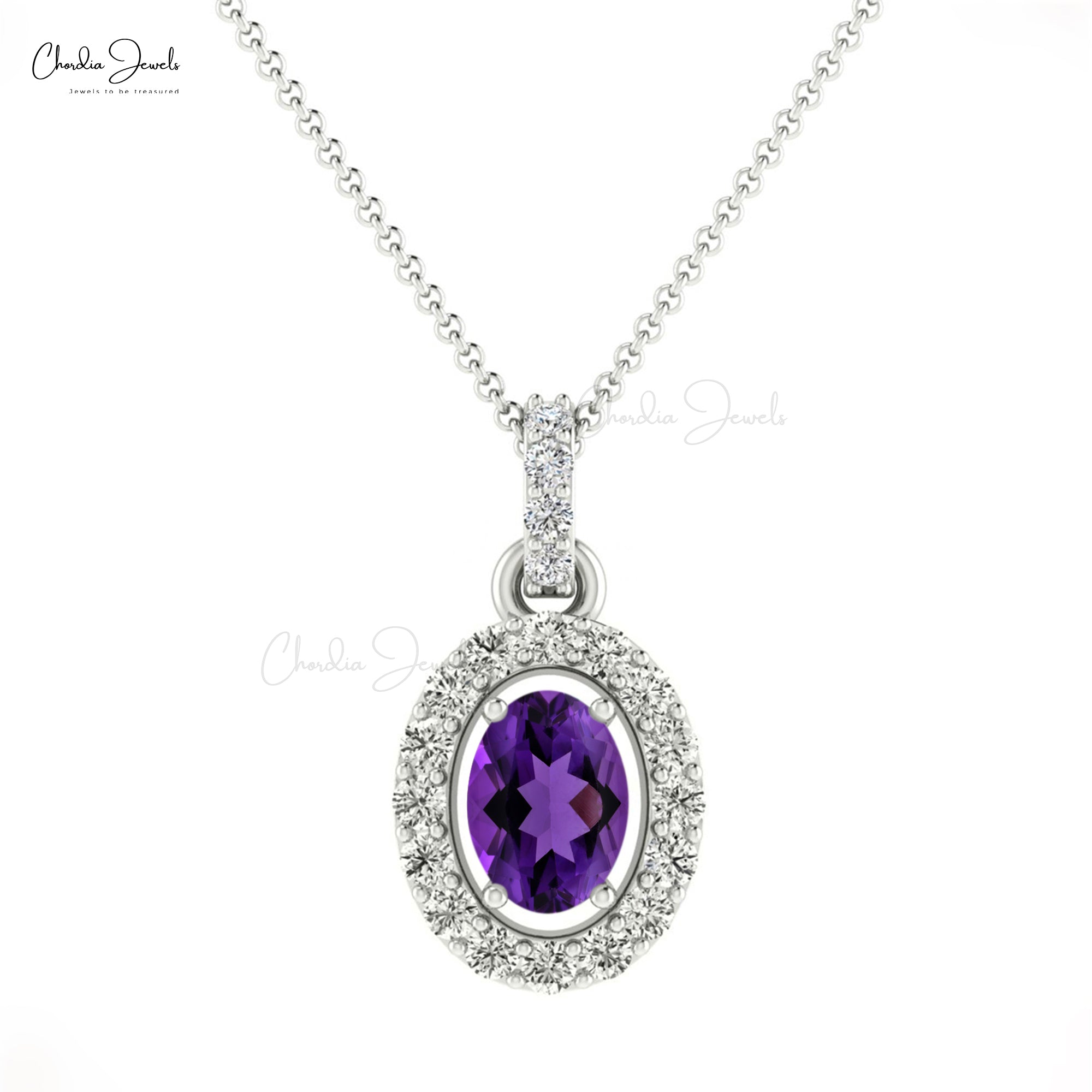 Natural Amethyst Halo Pendant In 14k Solid Gold Small Diamond Necklace For Mom